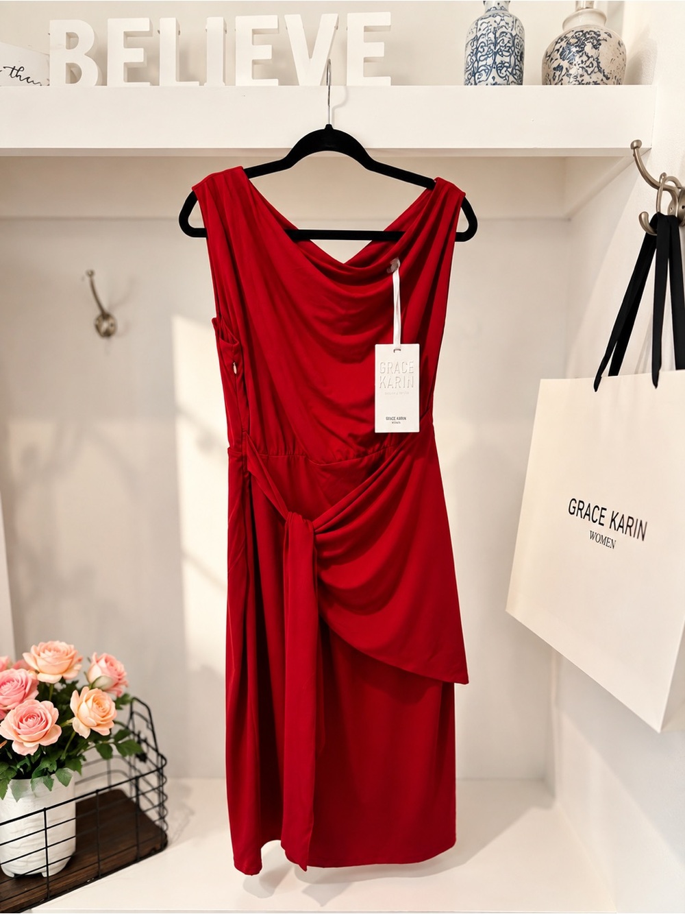GRACE KARIN Red Draped Midi Dress Tie Waist Elegant NWT
